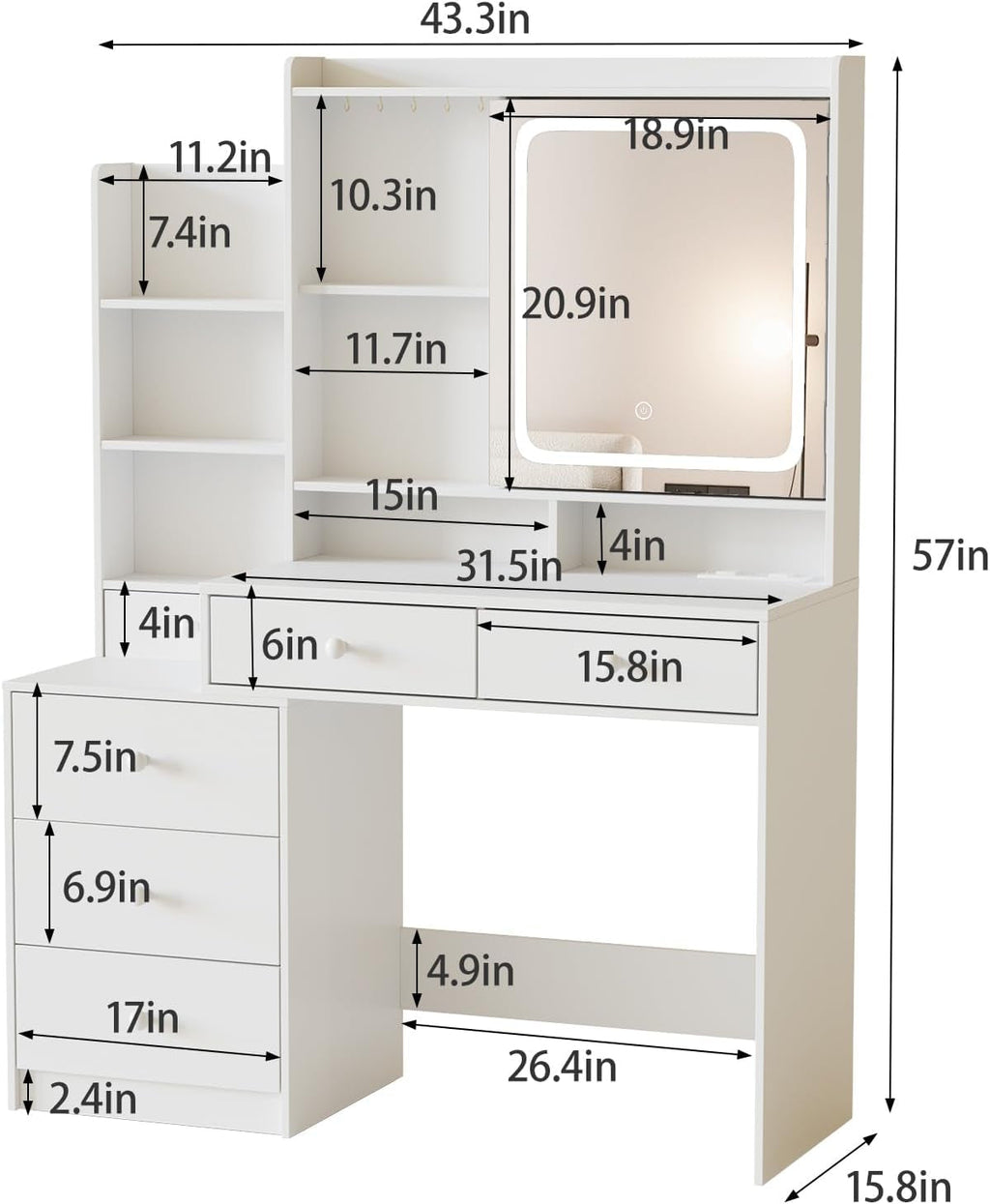 White Makeup Vanity Desk WithPowerOutlet Led Mirror