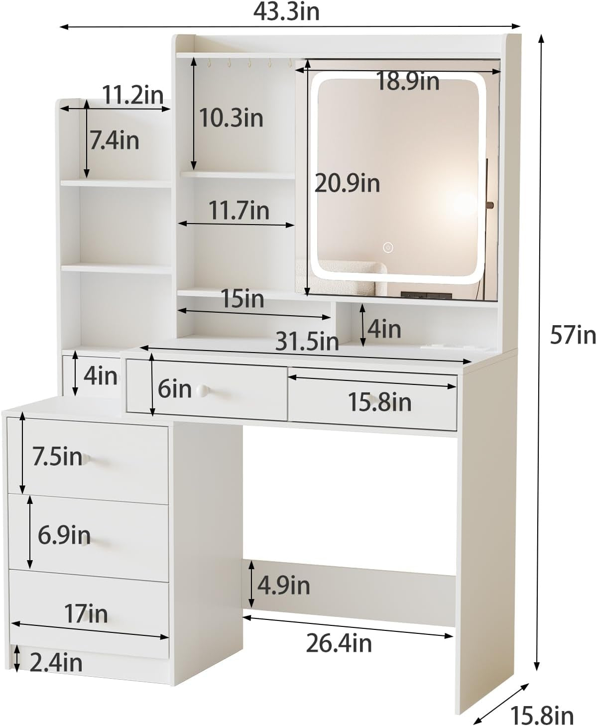 White Makeup Vanity Desk WithPowerOutlet Led Mirror