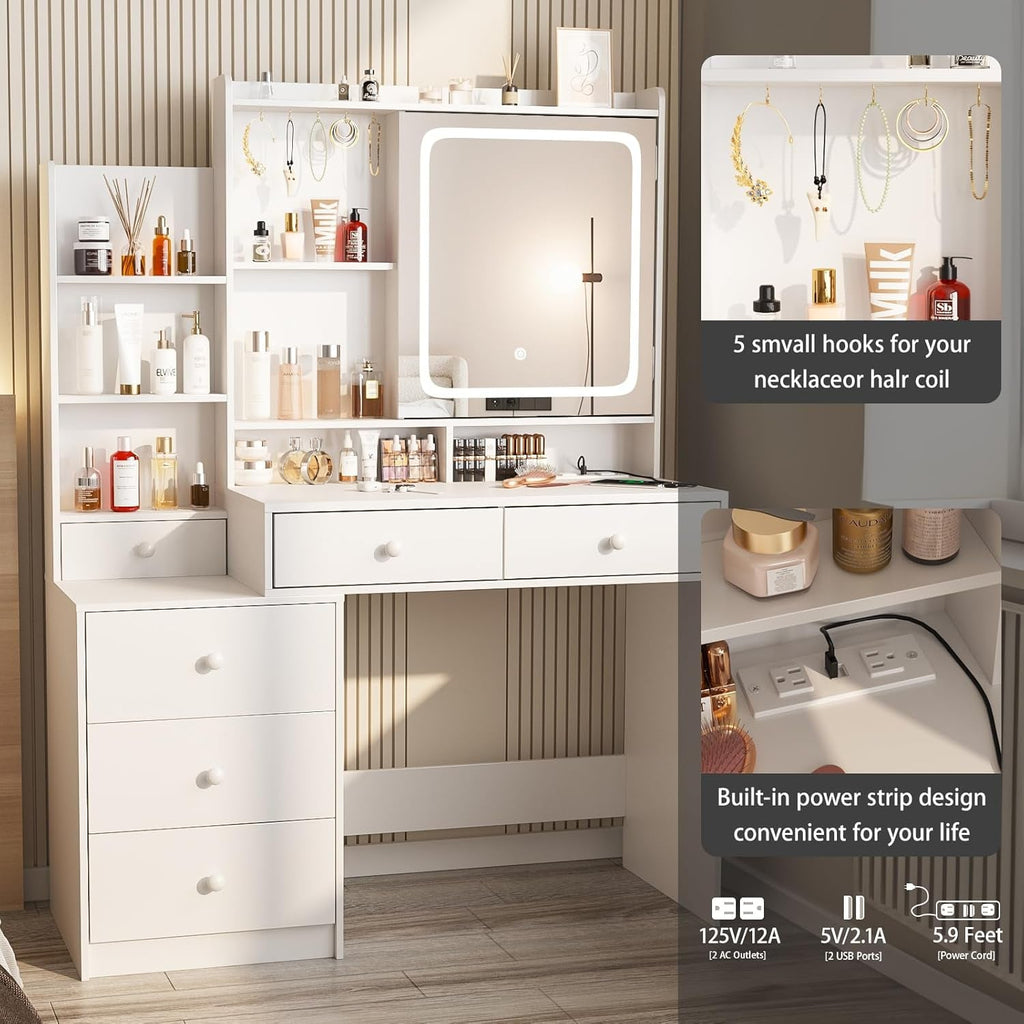 White Makeup Vanity Desk WithPowerOutlet Led Mirror